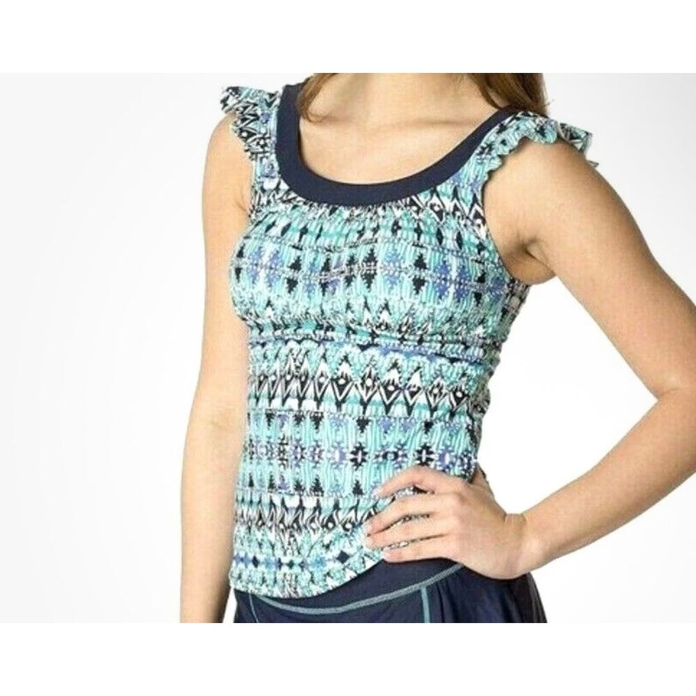 Zero Xposure Swimwear Tankini Top ONLY Women's 12 Blue Geometric Flutter Sleeve